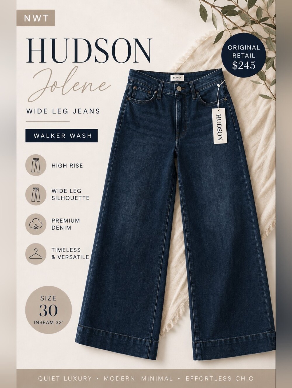 NWT Hudson Jolene Wide Leg Jeans 30 Walker Dark Wash High Rise Quiet Luxury